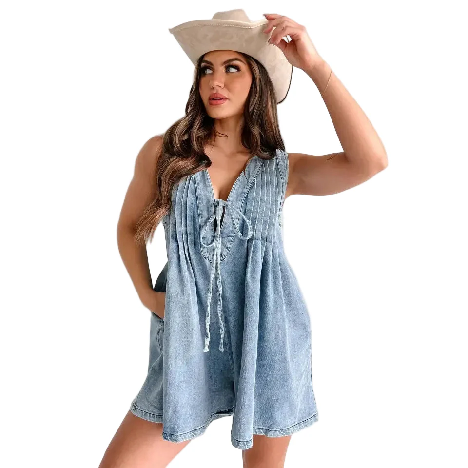Lucky & Blessed Women's Denim V Neck Romper