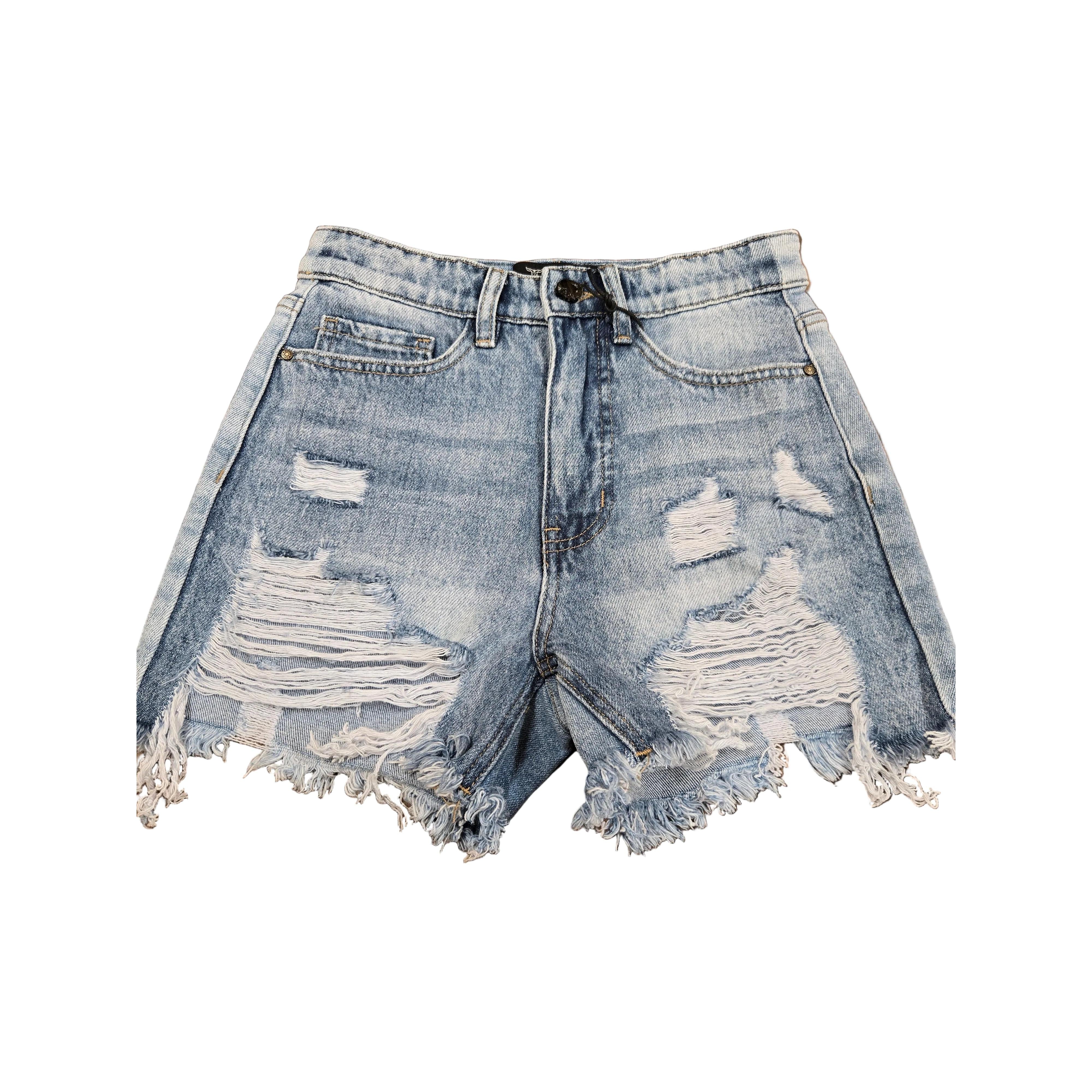 Lucky & Blessed Women's High Rise Distressed Shorts - Medium Wash