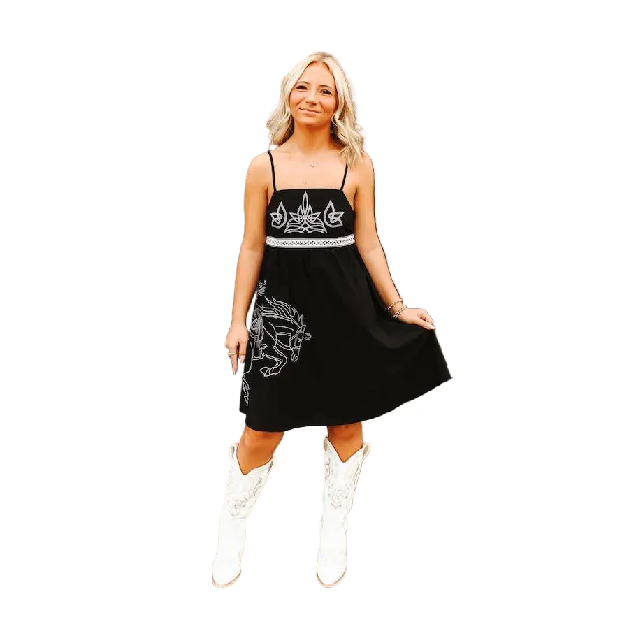 Lucky & Blessed Women's Horse Embroidered Spaghetti Strap Dress- Black