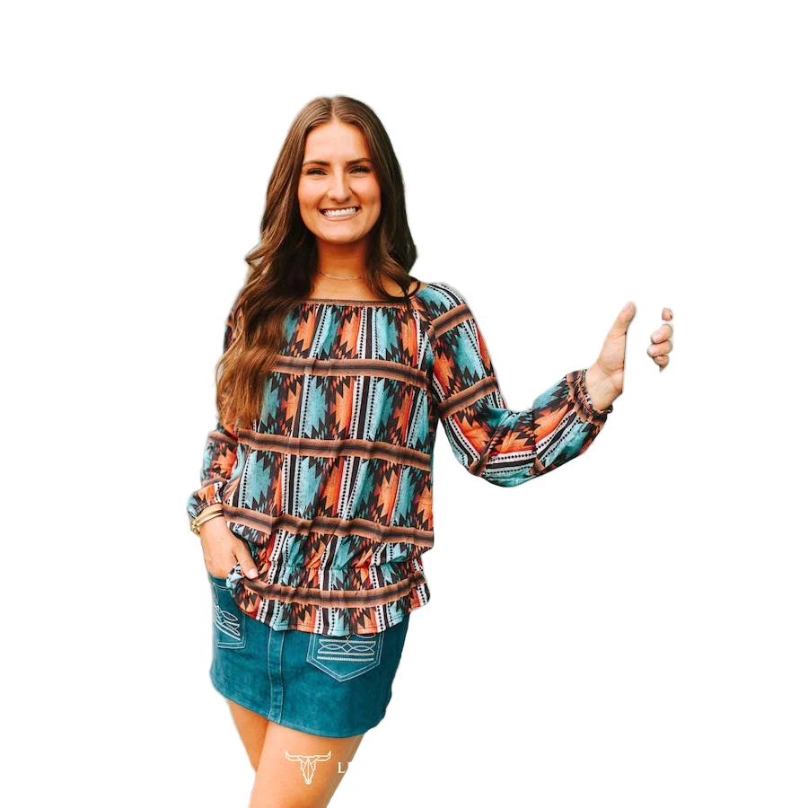 Lucky & Blessed Women's  Long Sleeve Aztec Shirt- Multi