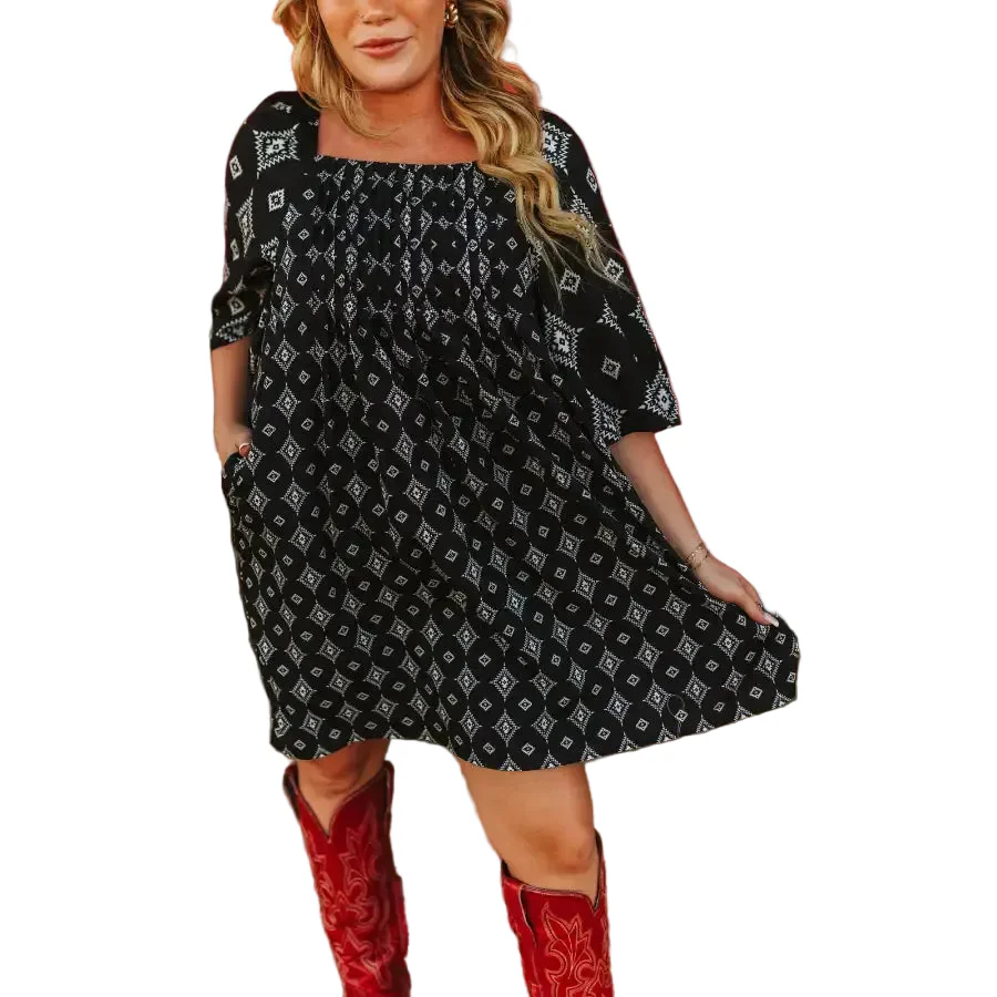 Lucky & Blessed Women's Flutter Sleeve Aztec Square Neckline Dress - Black - Image 2