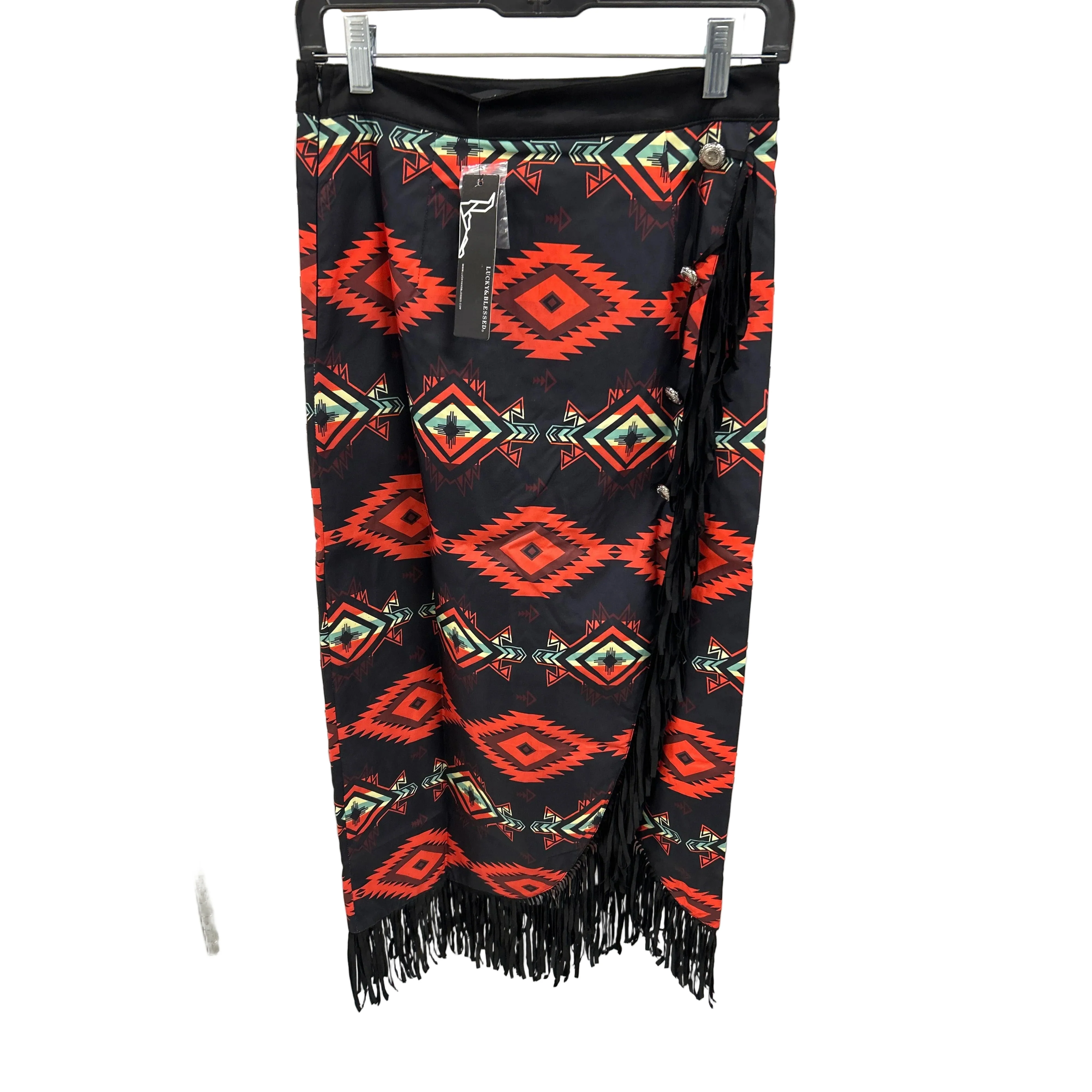 Lucky & Blessed Women's Red Asymmetrical Concho Button Wrap Fringe Skirt