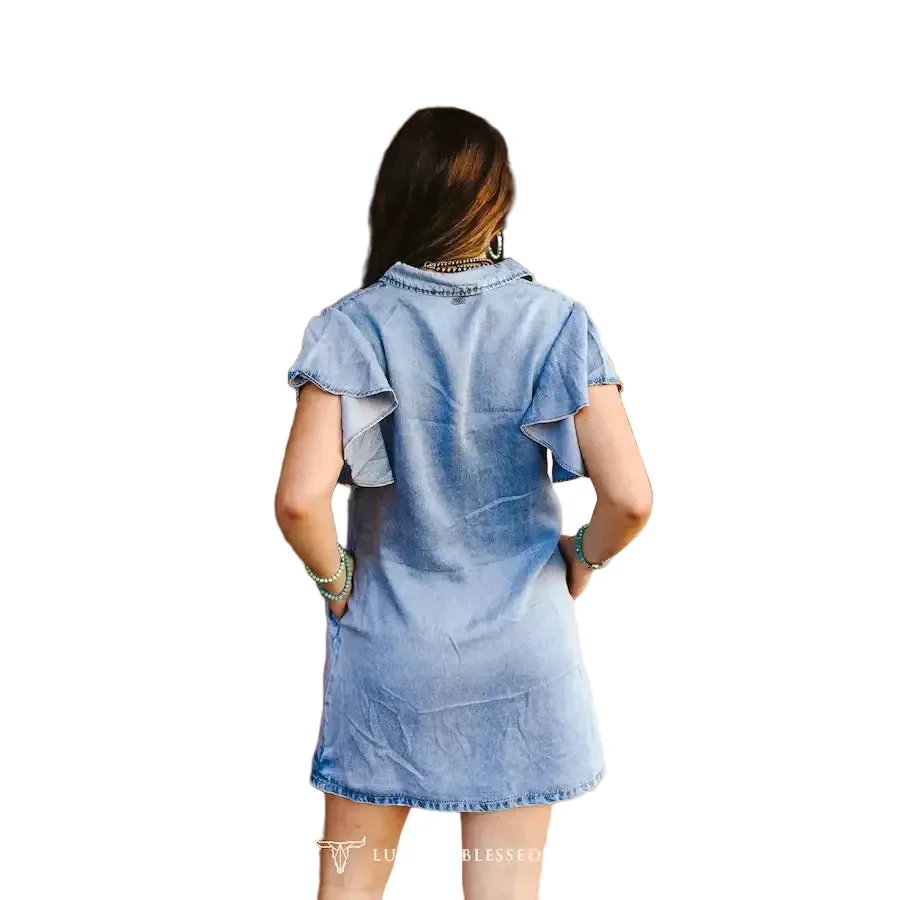 Lucky & Blessed Women's Ruffle Stretch w Bolero Concho Denim Dress - Light Wash - Image 2