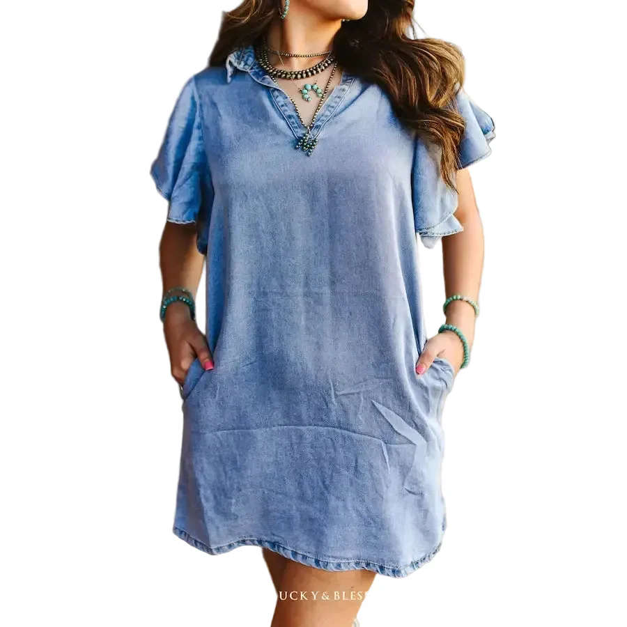 Lucky & Blessed Women's Ruffle Stretch w Bolero Concho Denim Dress - Light Wash - Image 3
