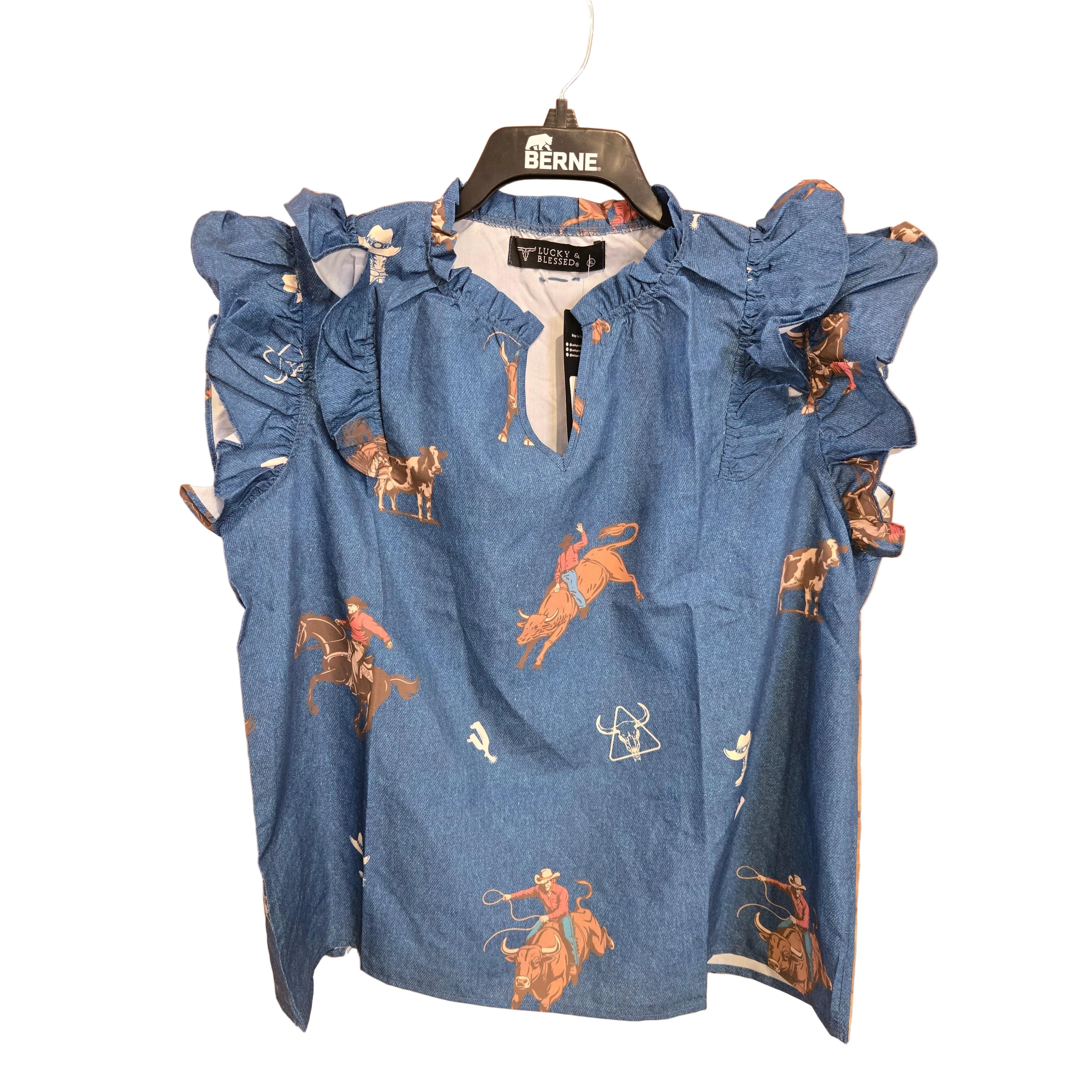 Lucky & Blessed Women's Short  Sleeve Western Pattern Shirt - Blue