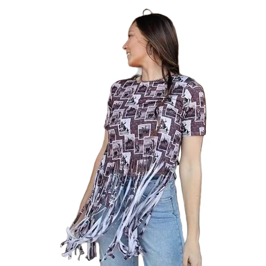 Lucky & Blessed Women's Vintage Collage Printed Fringe Hem Top- Multiple Colors - Image 2