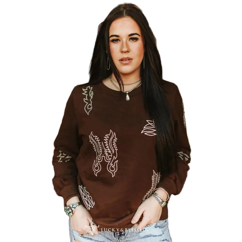 Lucky & Blessed Women's Western Print Pullover Sweater - Brown