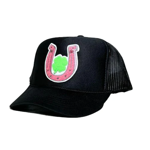 Lucky Horseshoe Pink Chenille Patch Foam Trucker Hat - Black
