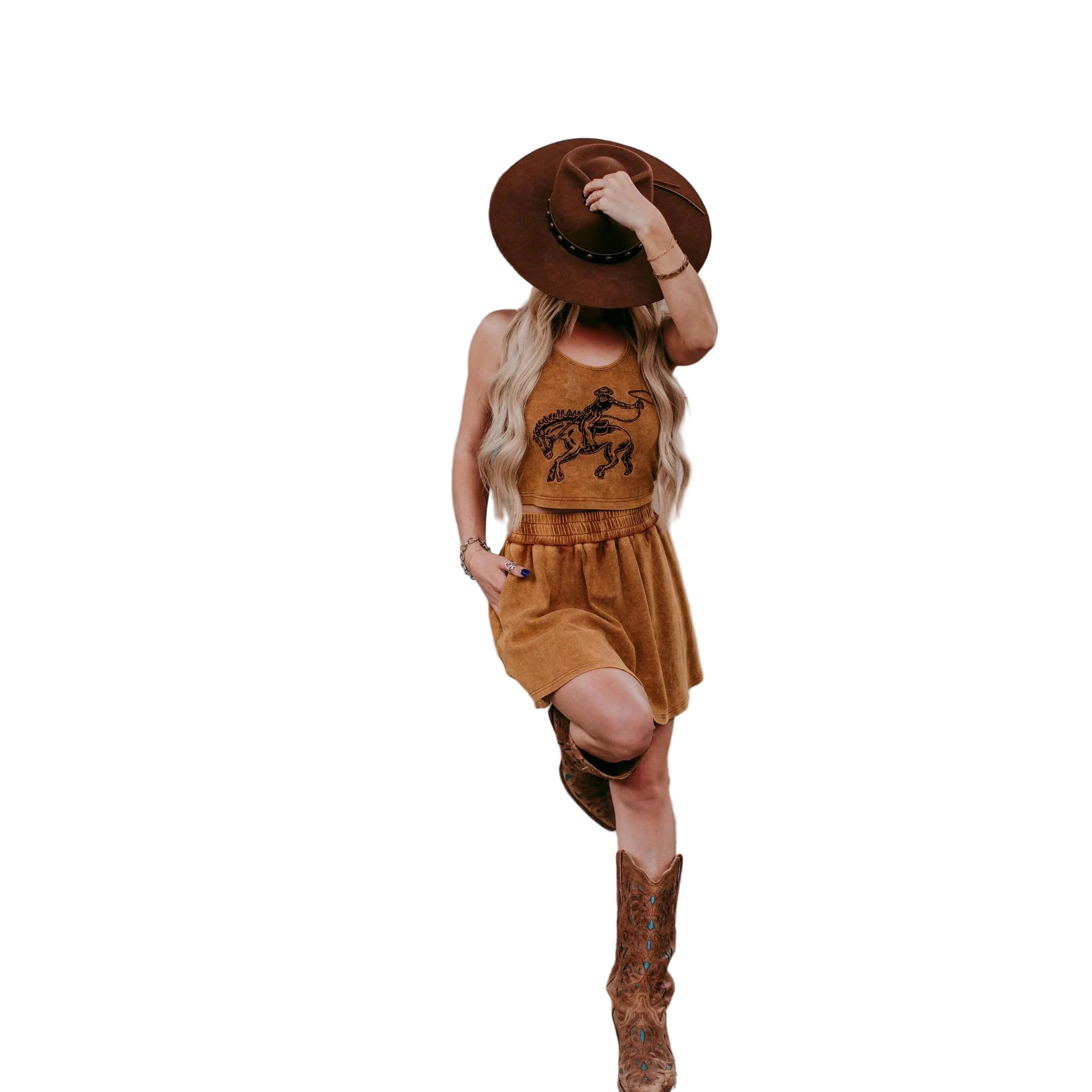 Merigold Kiss Women's Bronc Bustin' Weekend 2 Piece Crop Top Skort Set - Mustard