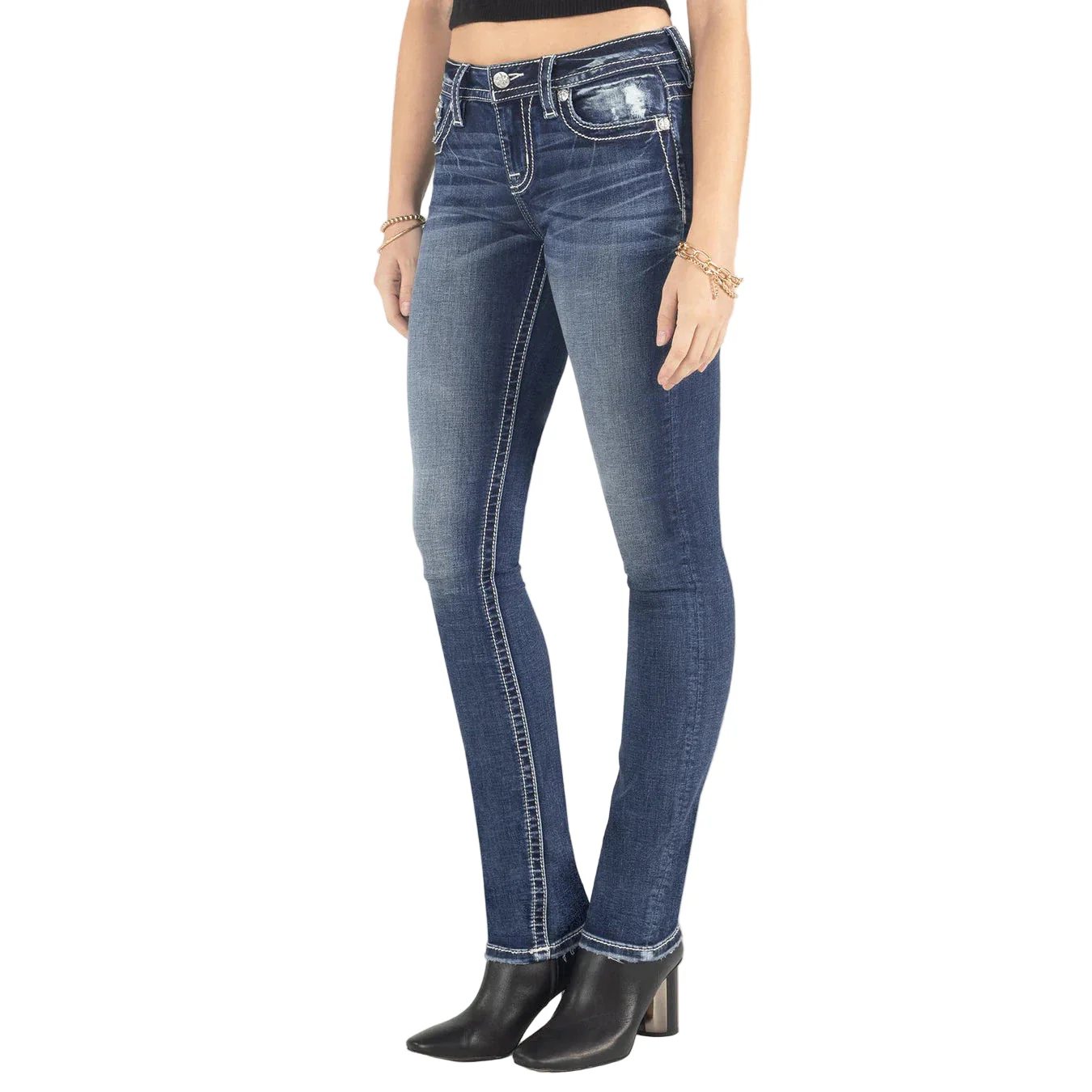 Miss Me Women's Aztec Dreamcatcher Horseshoe Mid Rise Straight Jeans - Medium Dark Wash - Image 2