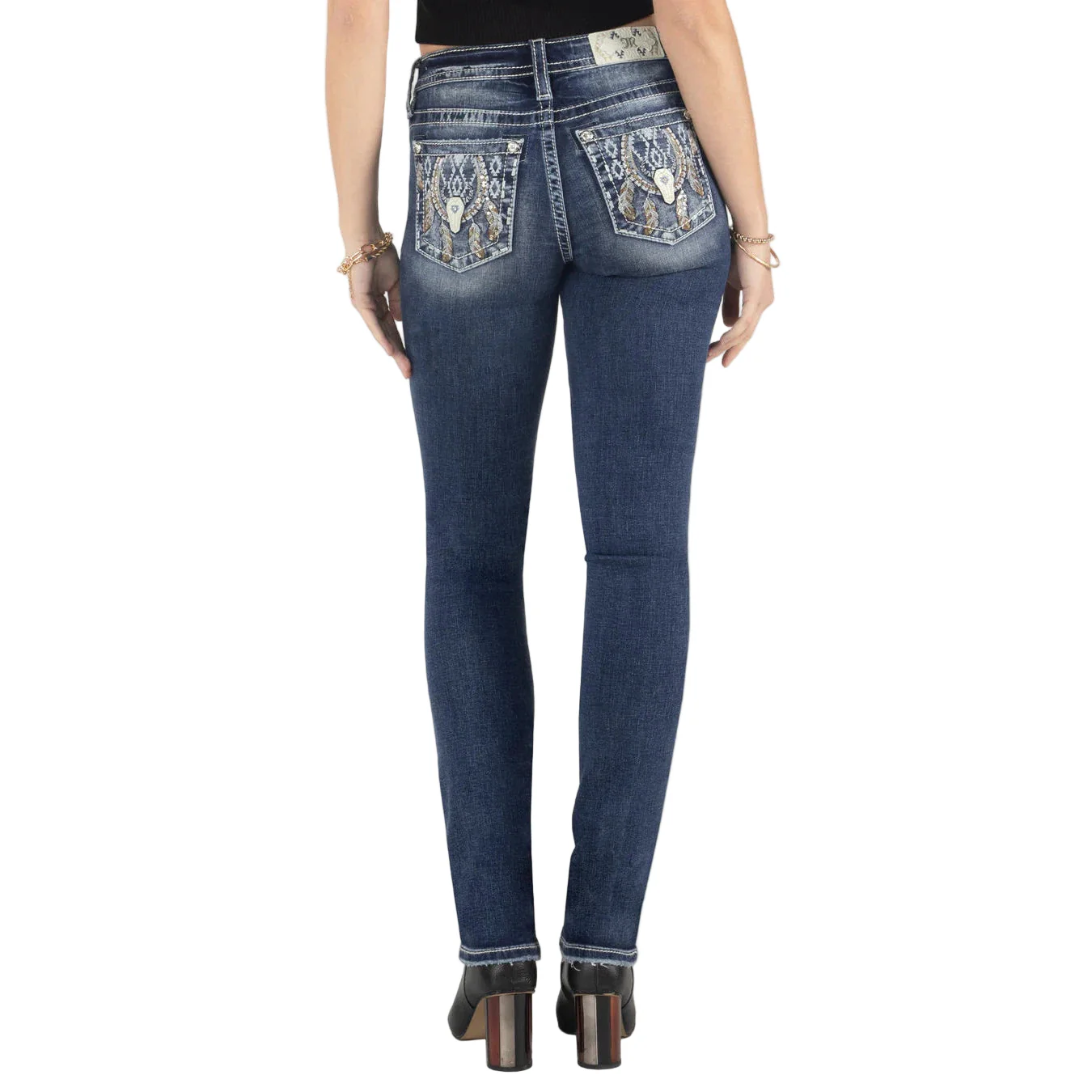 Miss Me Women's Aztec Dreamcatcher Horseshoe Mid Rise Straight Jeans - Medium Dark Wash - Image 3