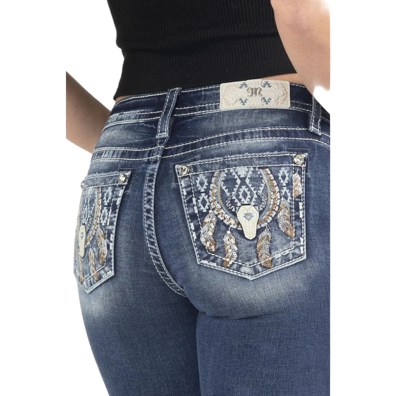 Miss Me Women's Aztec Dreamcatcher Horseshoe Mid Rise Straight Jeans - Medium Dark Wash - Image 4