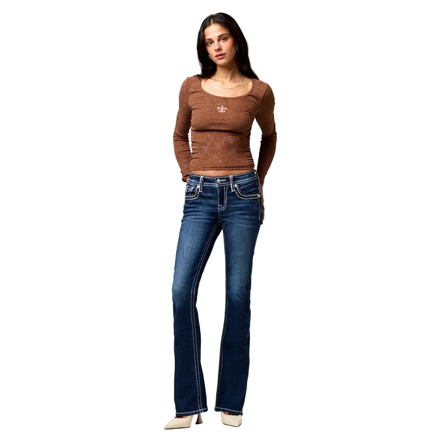 Miss Me Women's Mid Rise Raleigh Stitched Boot Cut Jeans - Dark Wash