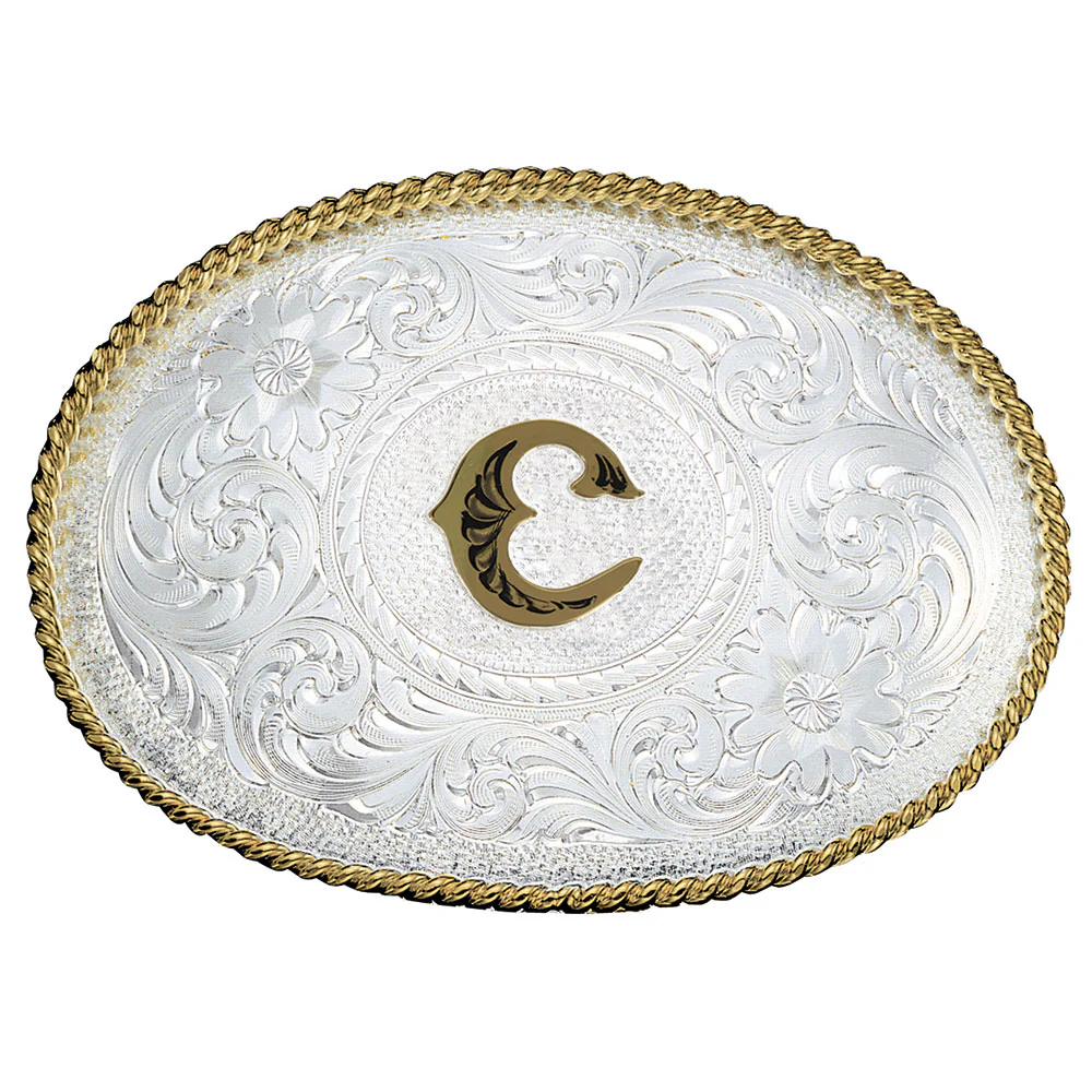 Montana Silversmiths Initial C Silver Engraved Gold Trim Western Belt Buckle