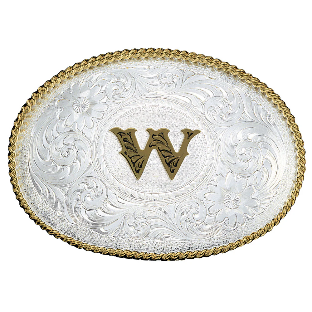 Montana Silversmiths Initial W Silver Engraved Gold Trim Western Belt Buckle