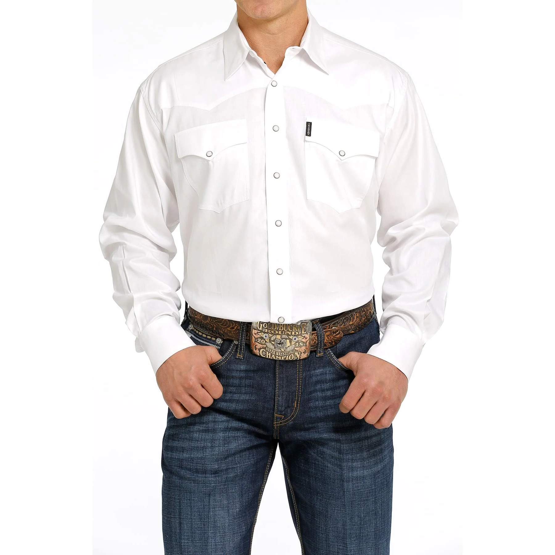 Cinch Men's Herringbone Western Snap Long Sleeve Shirt - White