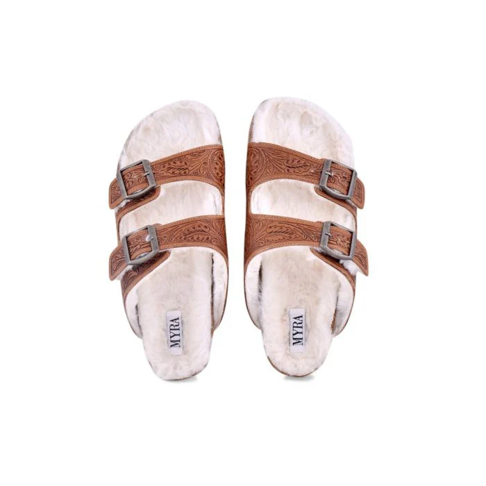 Myra Women's Prairie Winds Hand Tooled Fur Comfort Leather Sandals - Image 2