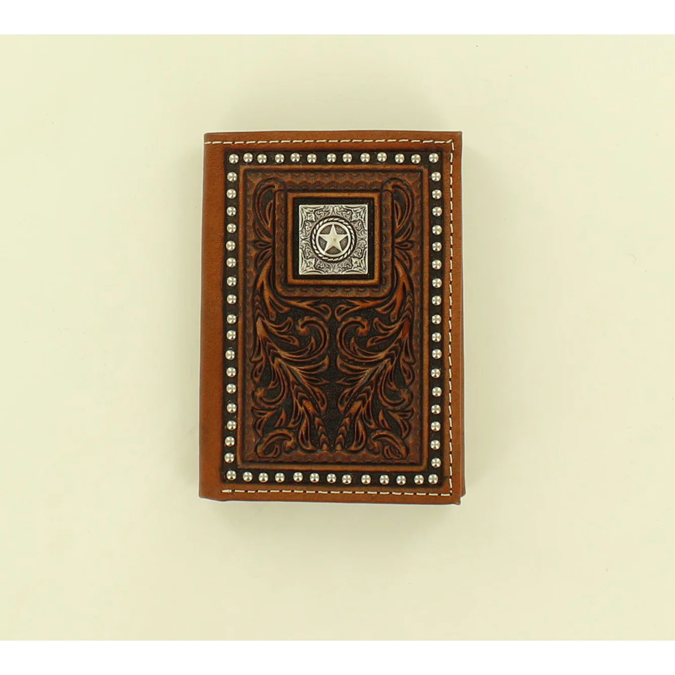 Nocona Hand Tooled w/Square Silver Concho Trifold Wallet - Brown