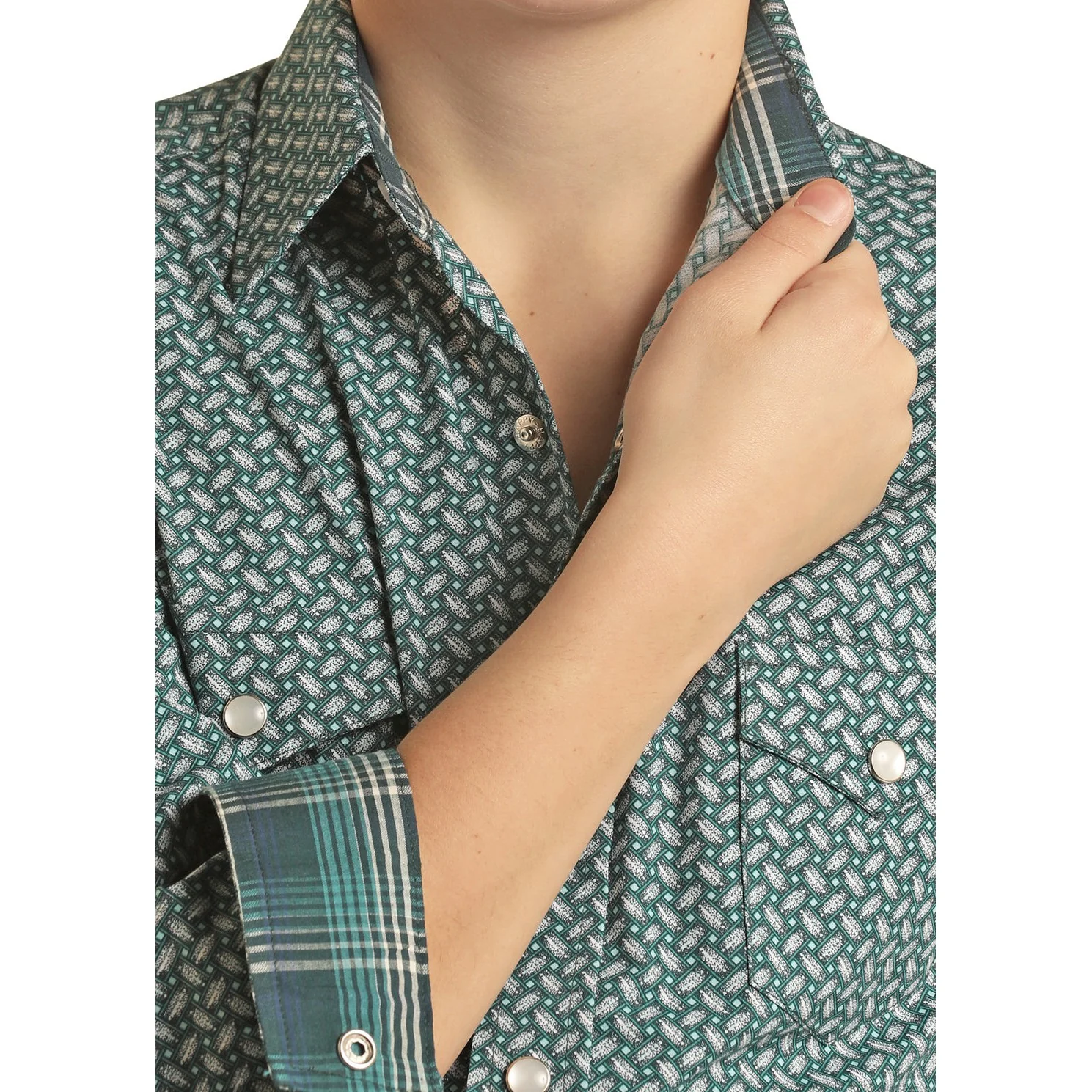 Panhandle Boy's Long Sleeve 2 Pocket All Over Geometric Snap Shirt - Evergreen - Image 2
