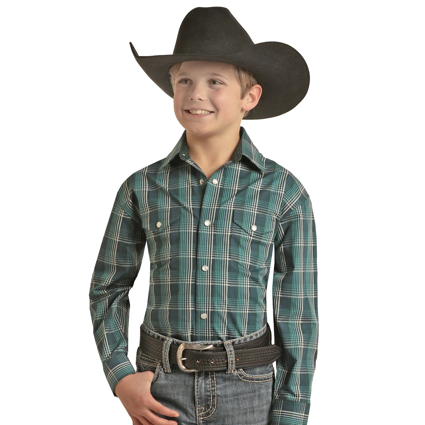 Panhandle Boy's Long Sleeve 2 Pocket Checkered Snap Shirt - Evergreen