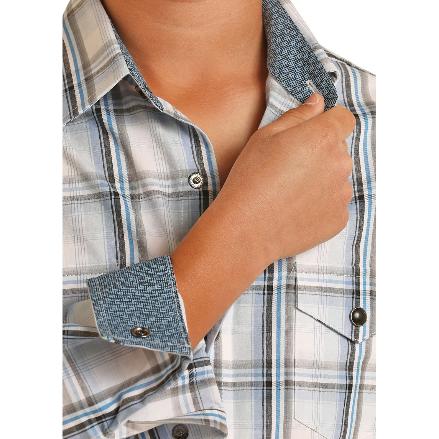 Panhandle Boy's Long Sleeve 2 Pocket Plaid Shirt - Baby Blue - Image 2
