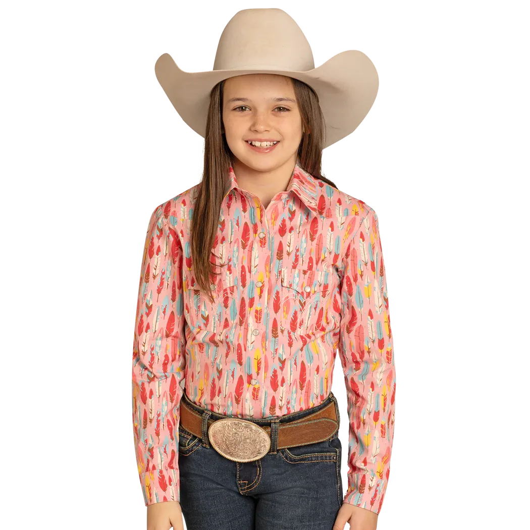 Panhandle Girl's Feather Print Long Sleeve Snap Shirt - Pink