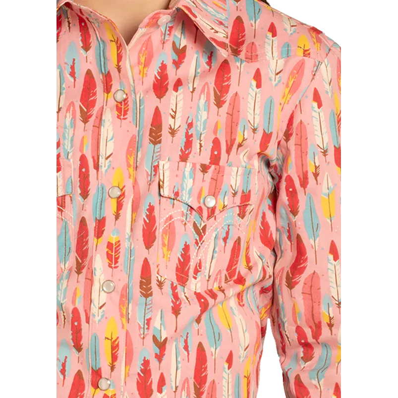 Panhandle Girl's Feather Print Long Sleeve Snap Shirt - Pink - Image 2