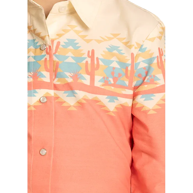 Panhandle Girl's Border Long Sleeve Snap Shirt- Orange - Image 2