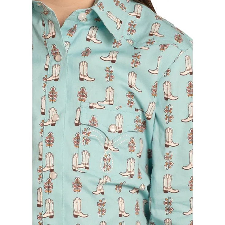 Panhandle Girl's Long Sleeve Snap Print Shirt- Turquoise - Image 2