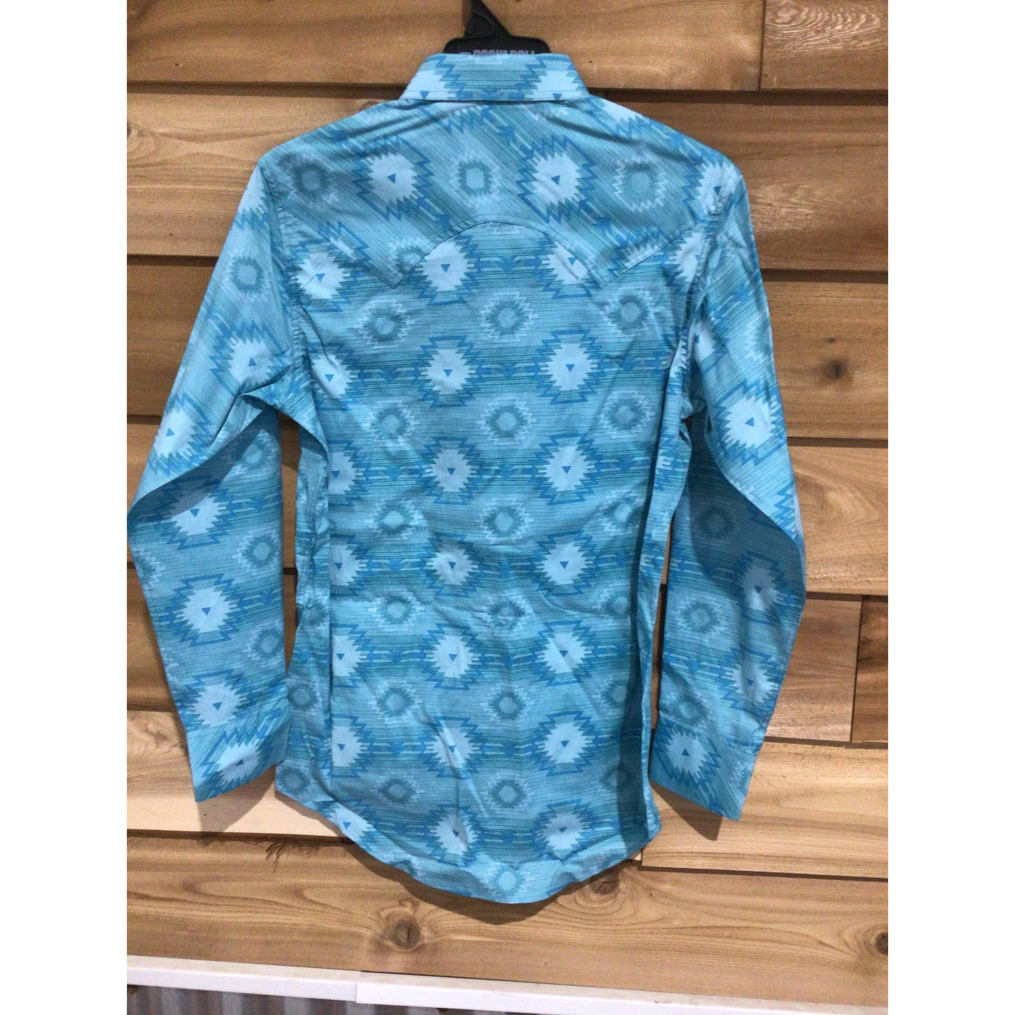 Rock & Roll  Men's Long Sleeve Aztec Print Snap Shirt- Turquoise - Image 2