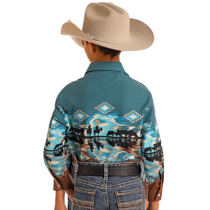 Panhandle Boy's Long Sleeve Border Print Shirt- Peacock - Image 2
