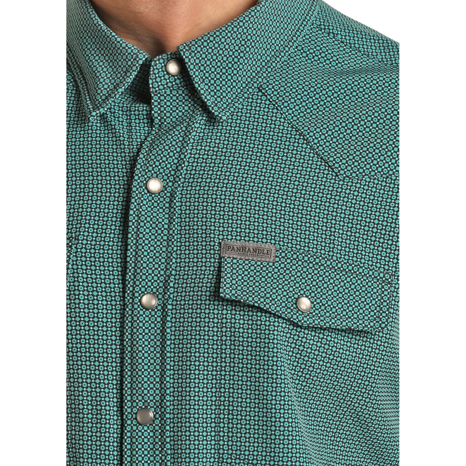 Panhandle Men's Performance Long Sleeve 2 Pocket Geometric Snap Shirt - Bright Turquoise - Image 2