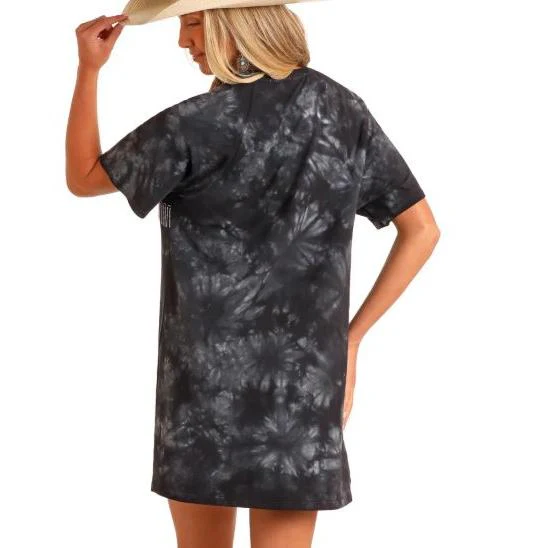 Panhandle Women's  Short Sleeve Graphic Tee Shirt Dress with Chain Fringe- Black - Image 2