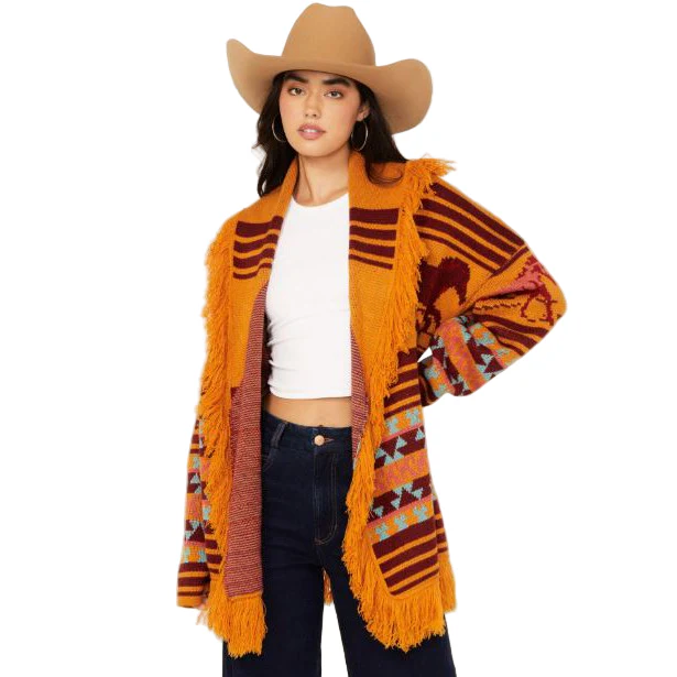 Panhandle Women's Long Sleeve Fringed Horse Print Cardigan- Mustard