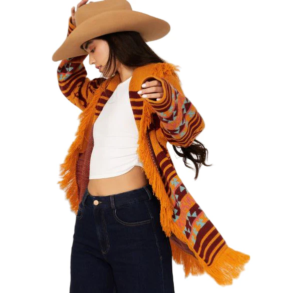 Panhandle Women's Long Sleeve Fringed Horse Print Cardigan- Mustard - Image 2