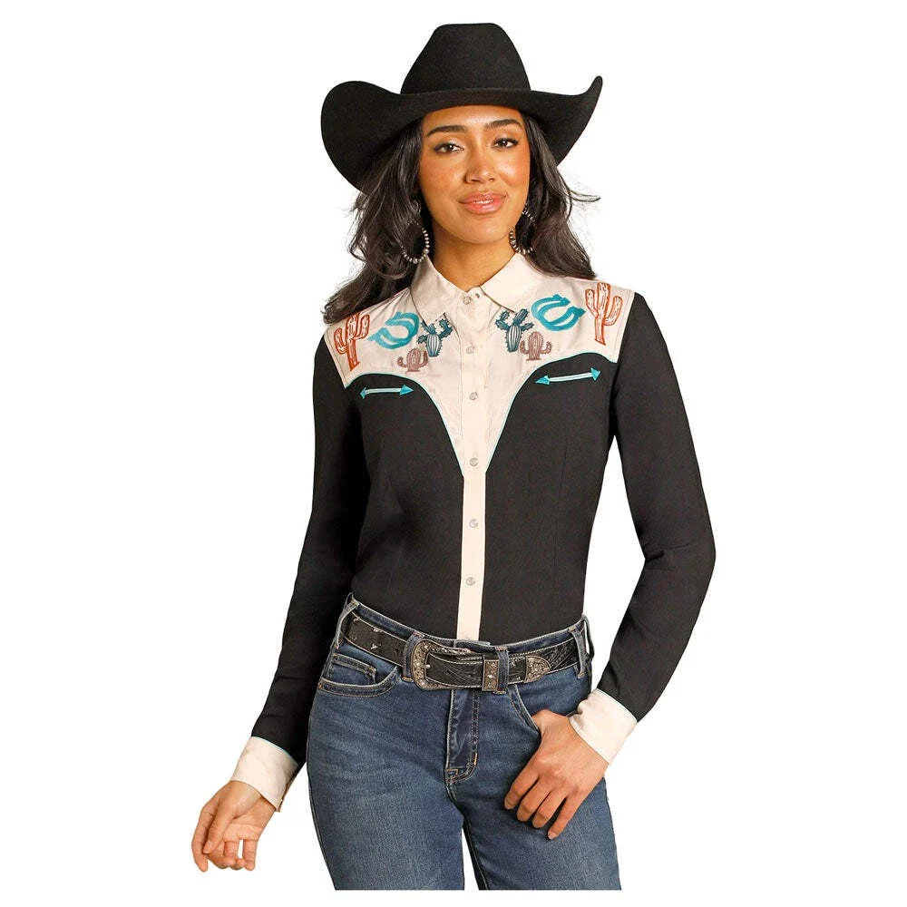 Panhandle Women's Retro Long Sleeve Snap Shirt - Black