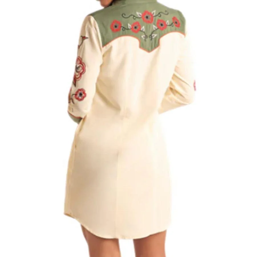 Panhandle Women's Long Sleeve Retro Snap Dress With Embroidery- Ecru - Image 2