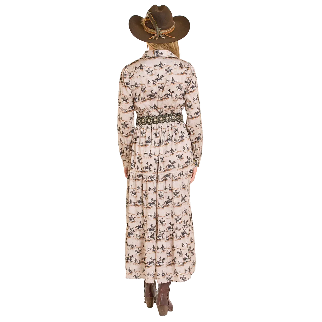 Panhandle Women's Western Horse Print Satin Long Sleeve Maxi Dress - Tan - Image 2