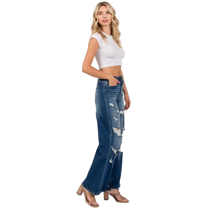 Petra153 Women's Destroyed High Rise Super Stretch Relaxed Wide Leg Jeans - Medium Wash - Image 3