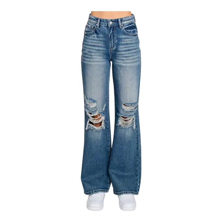 Petra153 Women's Distressed High Rise Rigid Vintage Flare Jeans - Medium Wash