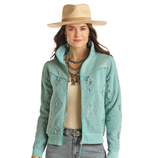 Powder River Women's Embroidered Berber Bomber - Turquoise