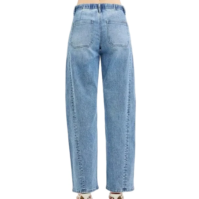 Risen Women's Elastic Band Slouchy Barrel w/ Waist Band String Jeans - Light - Image 2