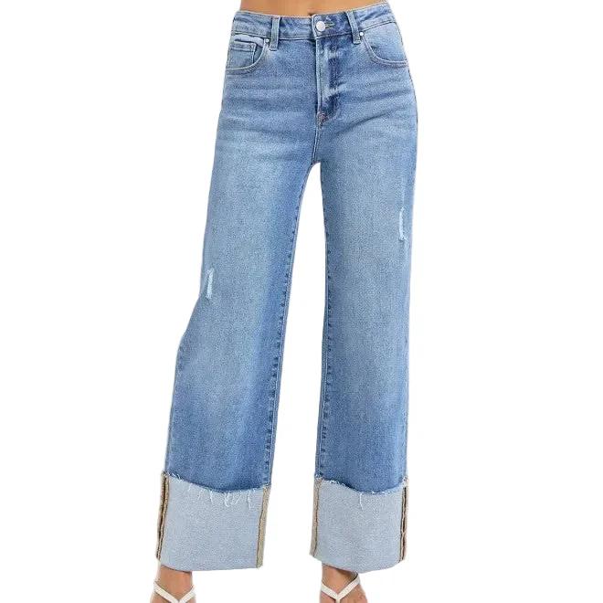 Risen Women's High Rise Ankle Wide Cuffed Jeans - Medium