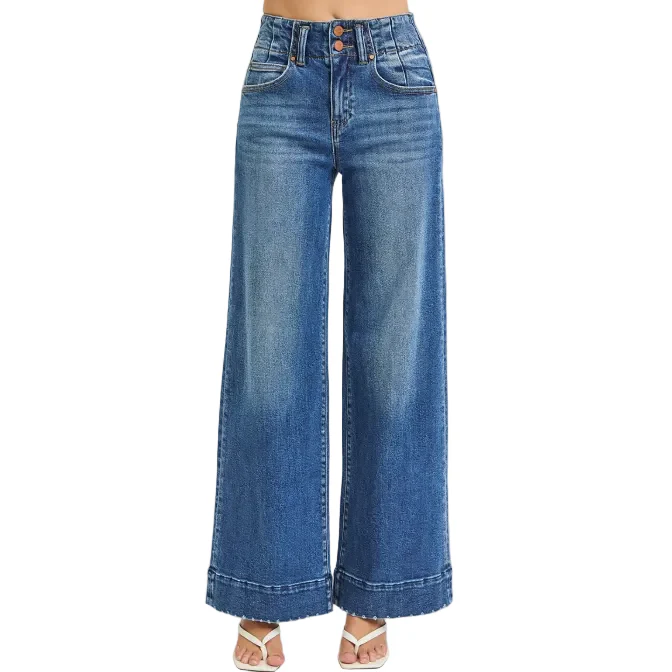 Risen Women's High Rise Ankle Wide Seam Detailed Jeans - Dark