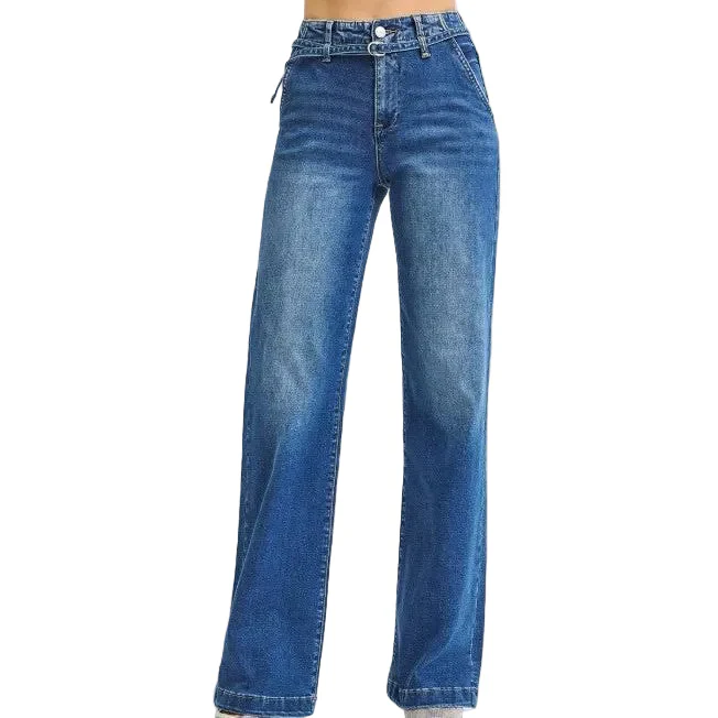 Risen Women's High Rise Wide Leg Belted Jeans - Dark