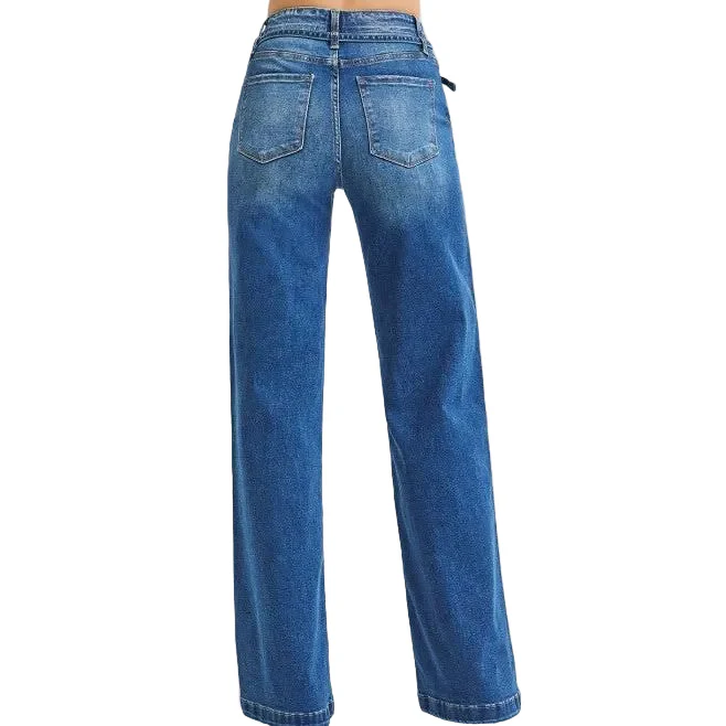 Risen Women's High Rise Wide Leg Belted Jeans - Dark - Image 2