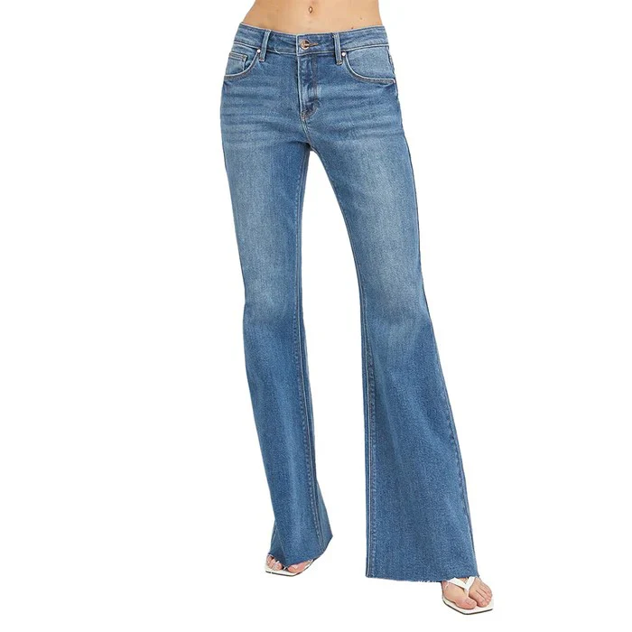 Risen Women's Mid Rise Flare Raw Hem Jeans - Medium Wash