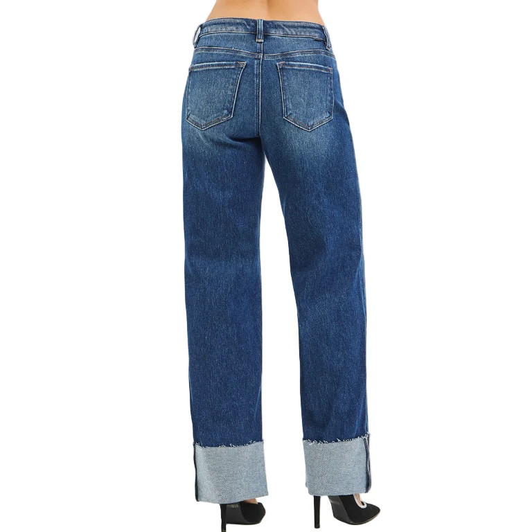 Risen Women's Mid Rise Straight Jeans with Wide Cuff - Dark - Image 2