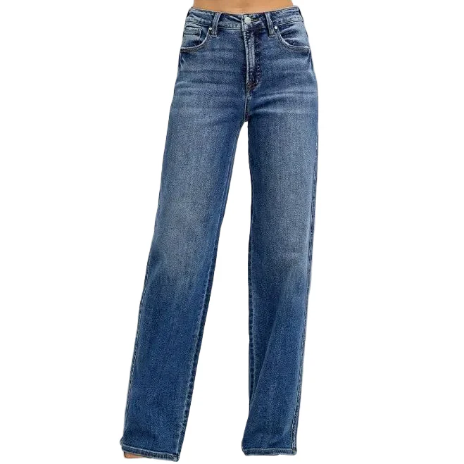 Risen Women's Tummy Control High Rise Wide Baggy Jeans - Dark