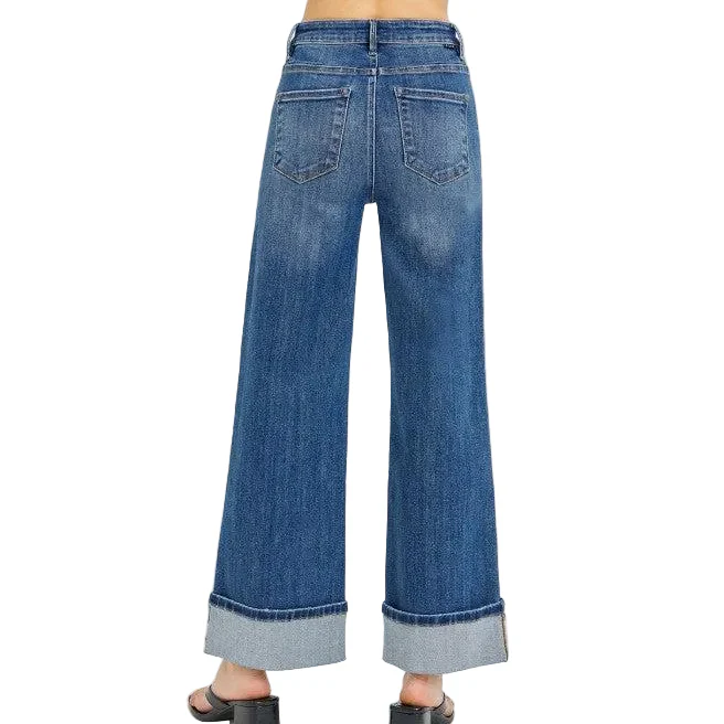 Risen Women's Tummy Control High Rise Ankle Wide Cuffed Jeans - Dark - Image 2